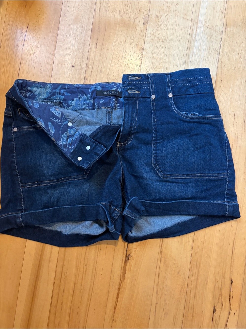 one 5 one Dark Blue High-Rise Cuffed Jean Shorts